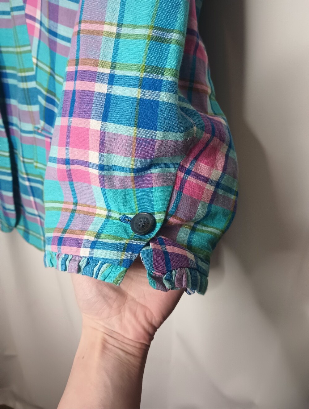 Talbots Womens Madras Plaid Linen Blazer 16W 3/4 Sleeve Preppy Colorful Summer - Picture 3 of 9